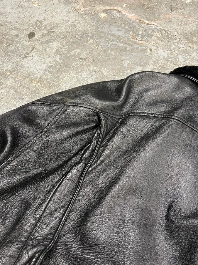 1990s Mac Douglas Aviator Metal Clasp Black Leather Jacket - Image 9