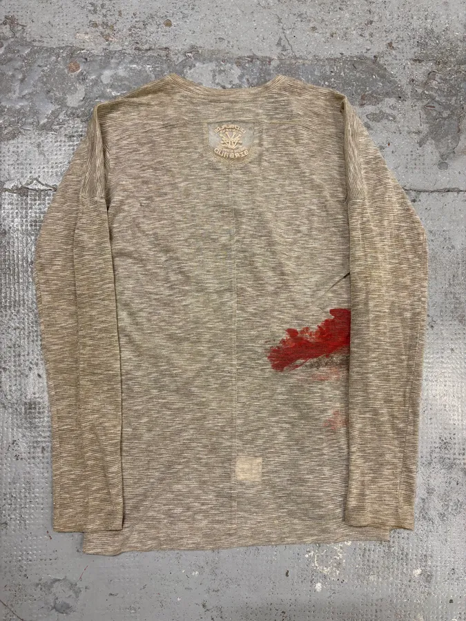 1990s Marithé + François Girbaud Beige V-Neck Longsleeve T-Shirt - Image 6