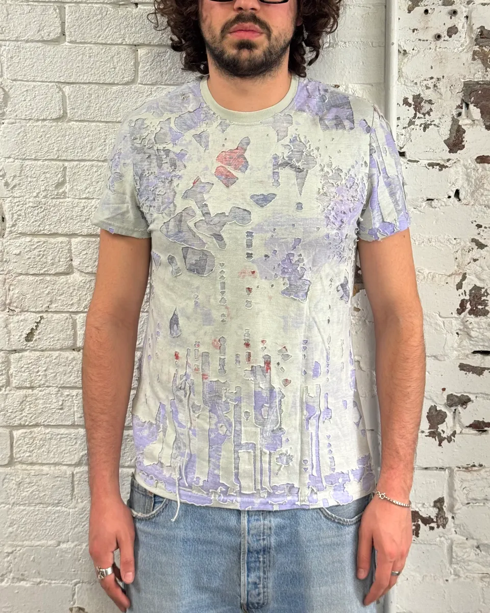 1990s Marithé & François Girbaud White & Purple Distressed T-Shirt - Image 2