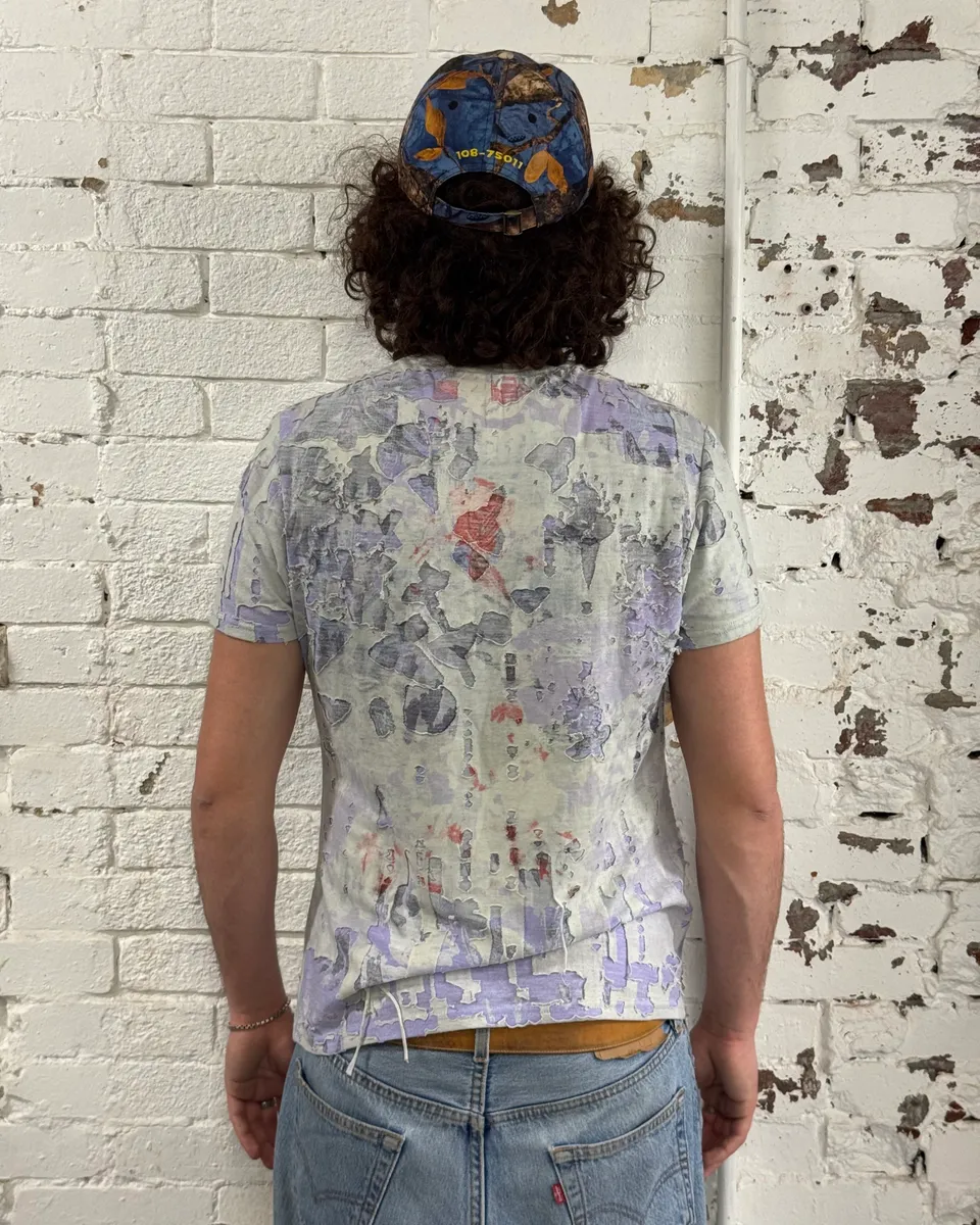 1990s Marithé & François Girbaud White & Purple Distressed T-Shirt - Image 3