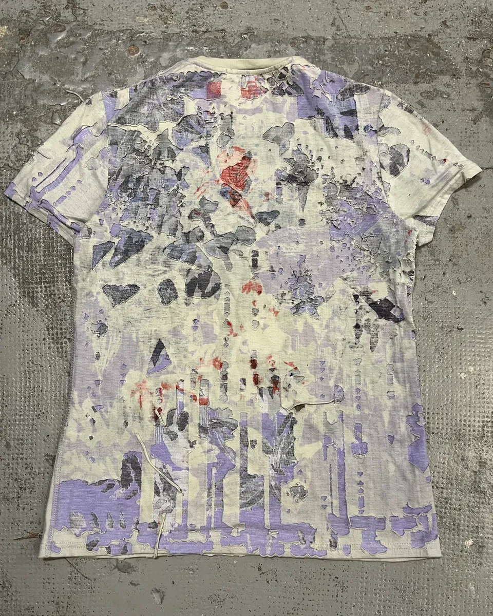 1990s Marithé & François Girbaud White & Purple Distressed T-Shirt - Image 8