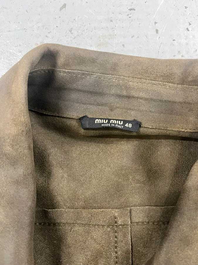 1990s Miu Miu Military Brown Suede Leather Trucker Jacket - Image 10