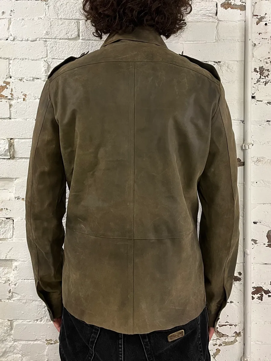 1990s Miu Miu Military Brown Suede Leather Trucker Jacket - Image 2