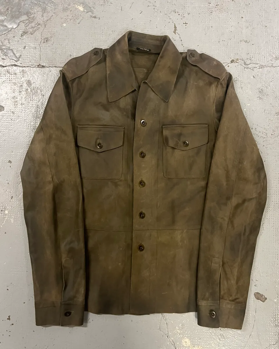 1990s Miu Miu Military Brown Suede Leather Trucker Jacket - Image 3