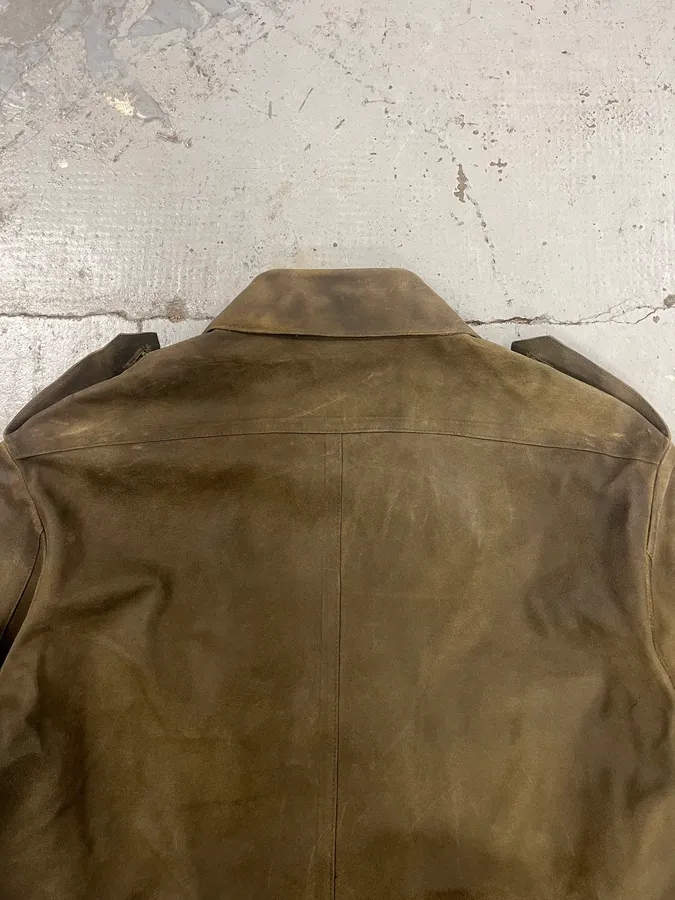 1990s Miu Miu Military Brown Suede Leather Trucker Jacket - Image 9