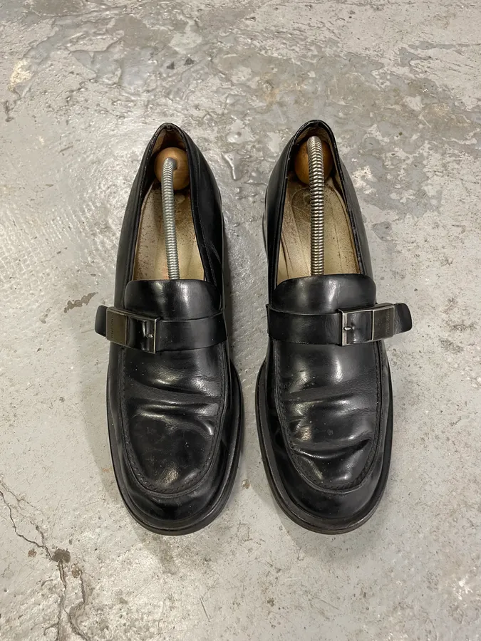 1990s MiuMiu Buckle Black Leather Loafers - Image 3