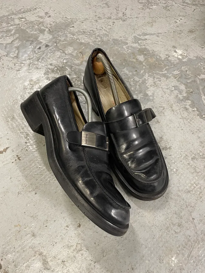 1990s MiuMiu Buckle Black Leather Loafers - Image 4