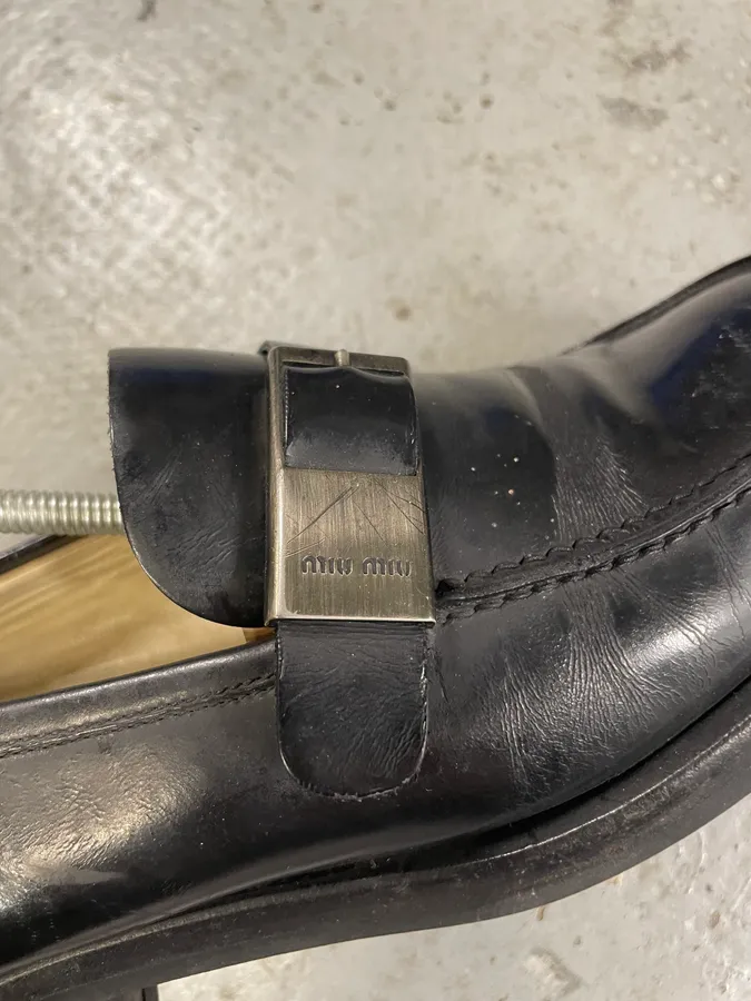1990s MiuMiu Buckle Black Leather Loafers - Image 7