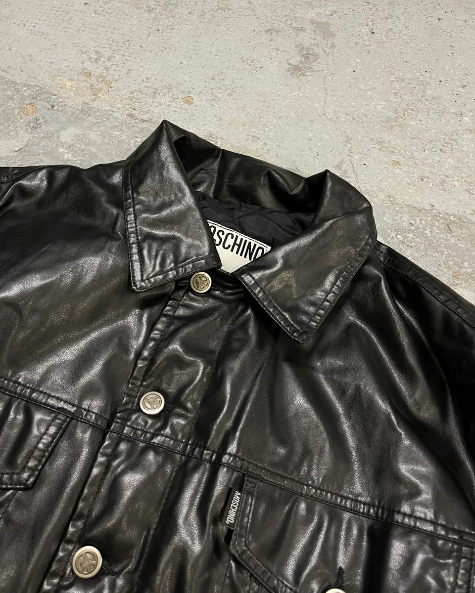 1990s Moschino Black Trucker Eco Leather Jacket - Image 5