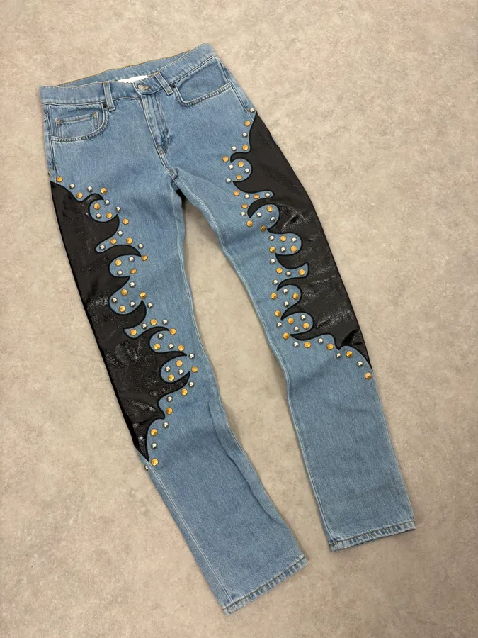 1990s Moschino Blue Denim & Black Leather Jeans - Image 5