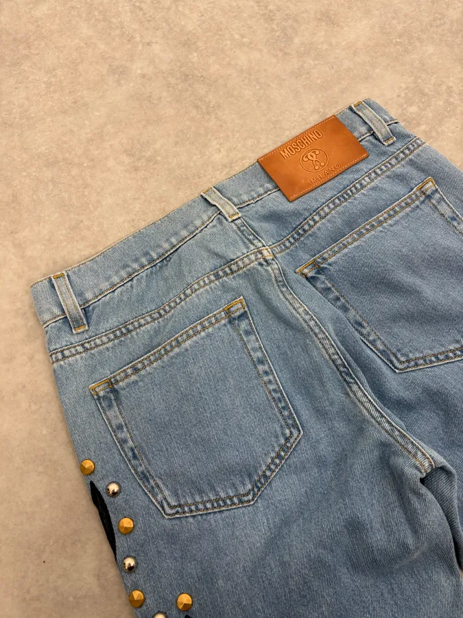 1990s Moschino Blue Denim & Black Leather Jeans - Image 8