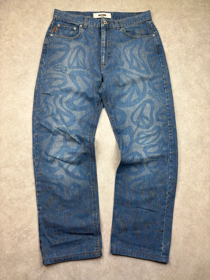 1990s Moschino Blue Denim Peace Cozy Jeans - Image 4