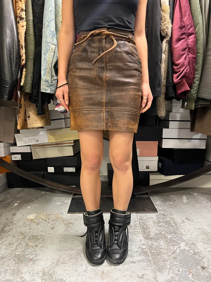 1990s Moschino Brown Eroded Leather Skirt