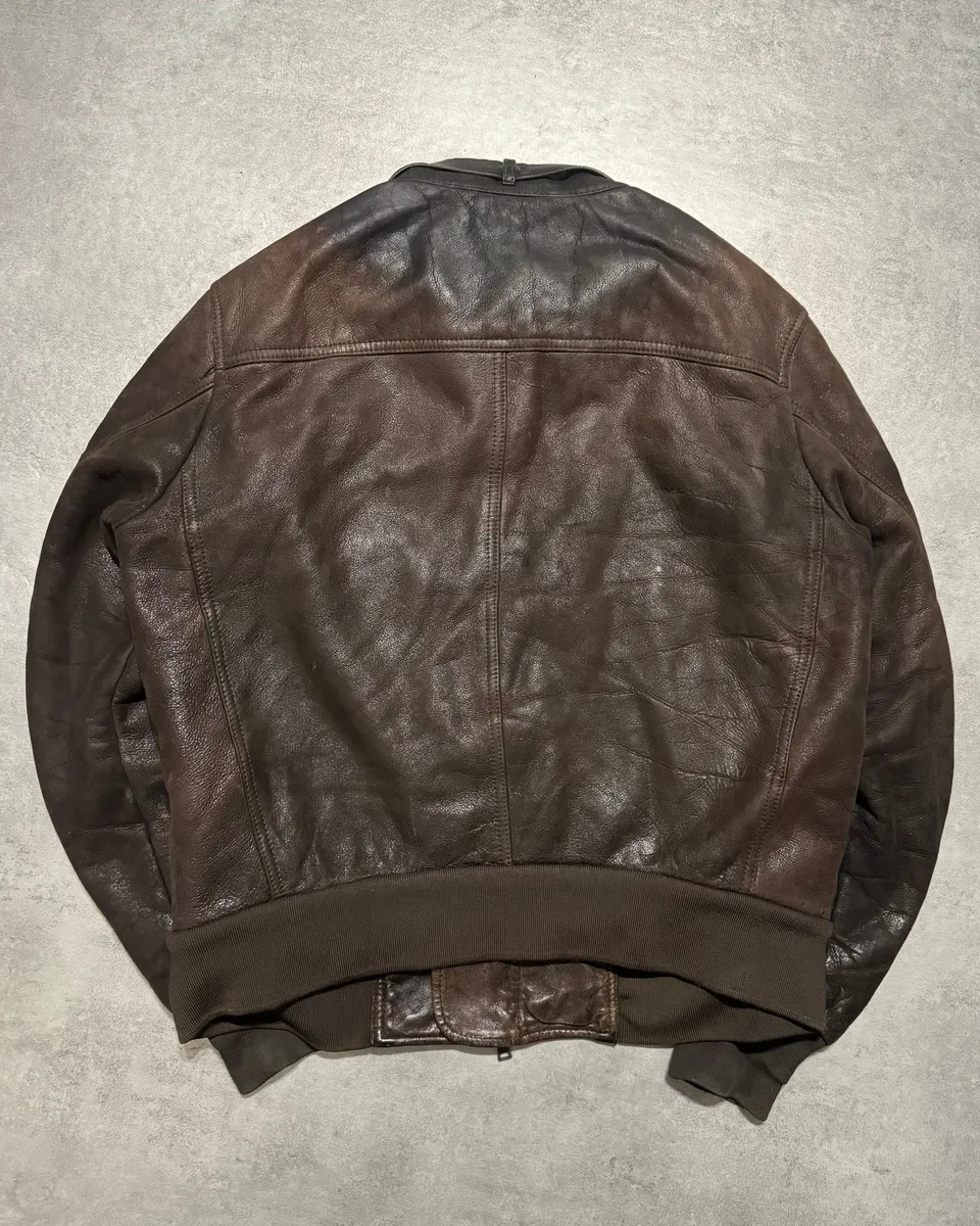 1990s Prada Archive Brown Faded Leather Wool Fur Leather Bomber Jacket - Image 2