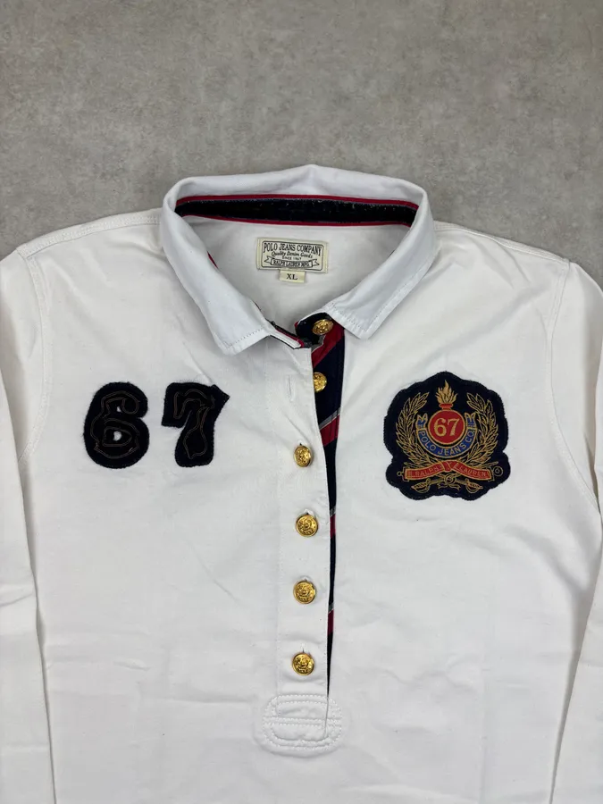 1990s Ralph Lauren White Buttoned 67 Embroidered Crest Longsleeve Polo - Image 4