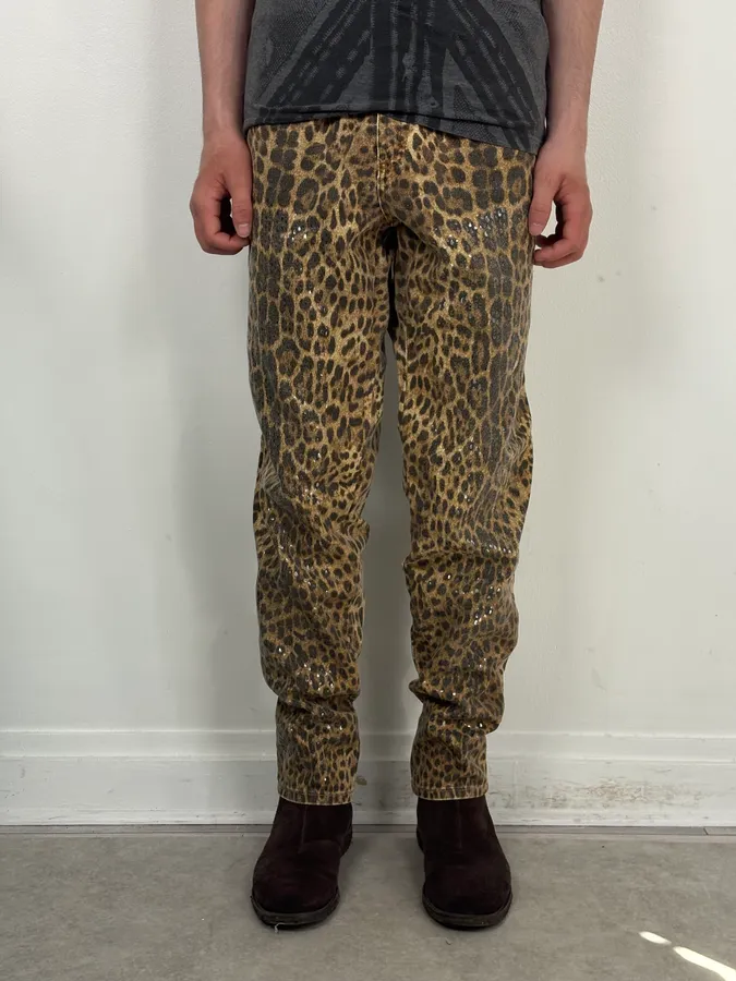 1990s Roberto Cavalli Brown Leopard Print Glitter Pants - Image 2