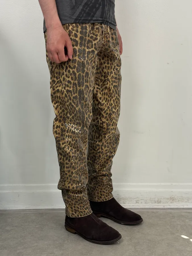 1990s Roberto Cavalli Brown Leopard Print Glitter Pants - Image 3