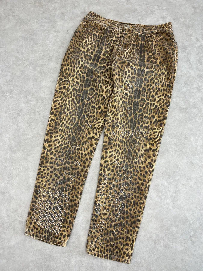 1990s Roberto Cavalli Brown Leopard Print Glitter Pants - Image 7