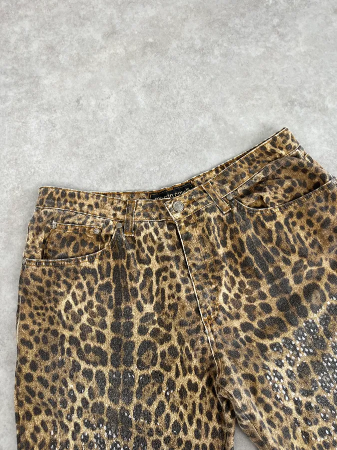 1990s Roberto Cavalli Brown Leopard Print Glitter Pants - Image 8