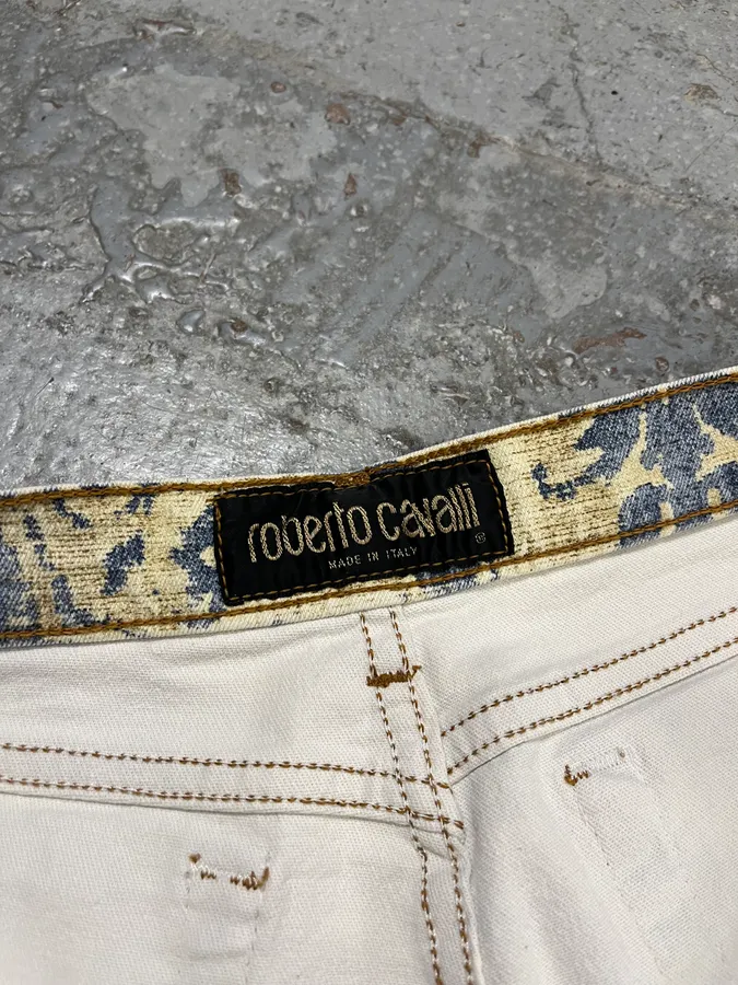 1990s Roberto Cavalli Mozaic Faded Beige & Blue Jeans - Image 11