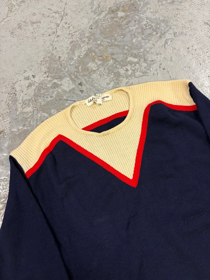 1990s Salvatore Ferragamo Navy & Creamy Sweater - Image 5