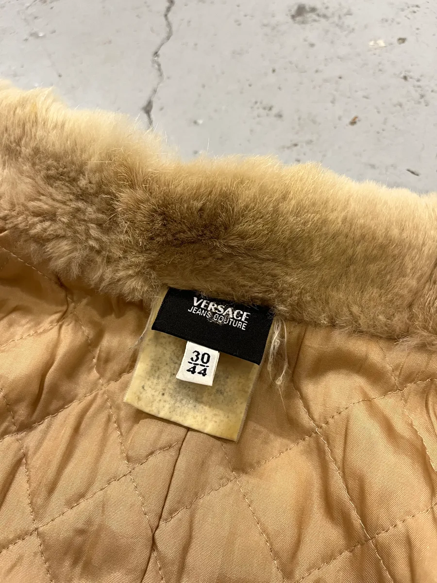 1990s Versace Ornamental Jacquard Fur Collar Beige Jacket - Image 10