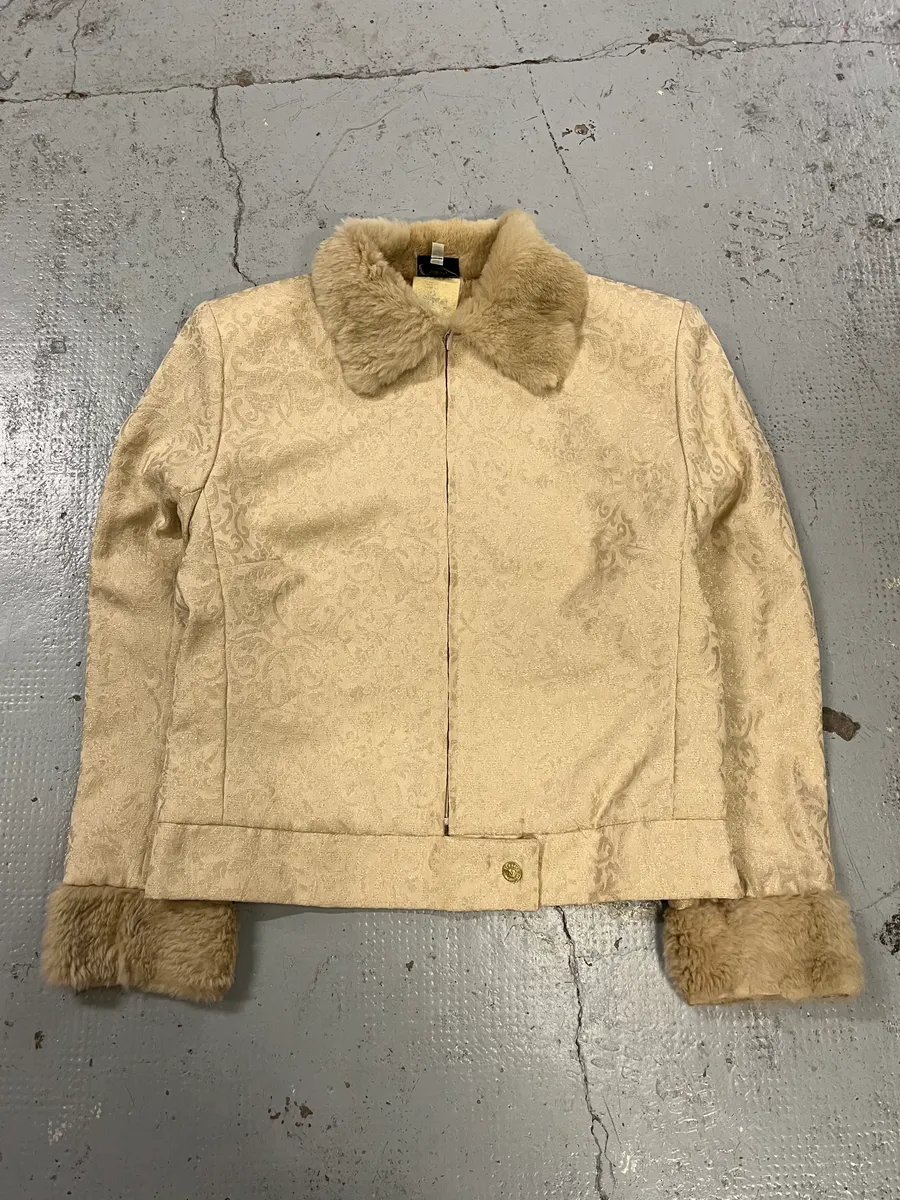 1990s Versace Ornamental Jacquard Fur Collar Beige Jacket - Image 4