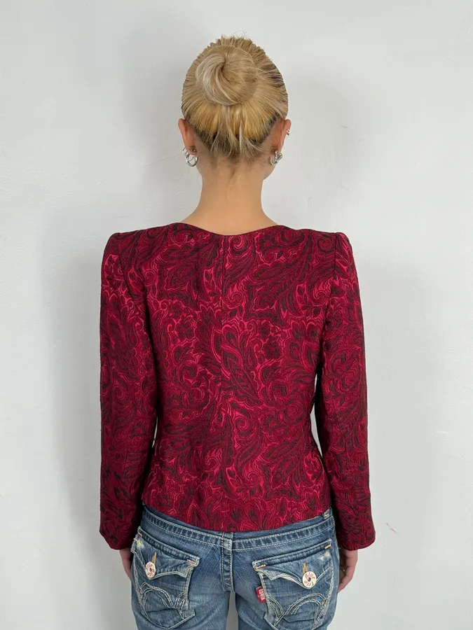 1990s Yves Saint Laurent Bordeaux Flowers Cardigan Buttoned Jacket - Image 3