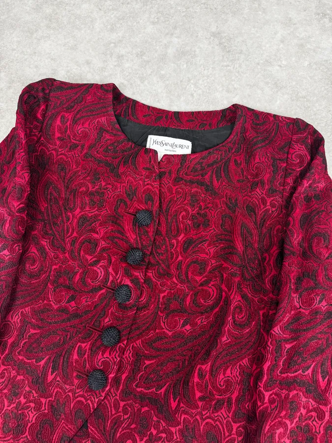 1990s Yves Saint Laurent Bordeaux Flowers Cardigan Buttoned Jacket - Image 5