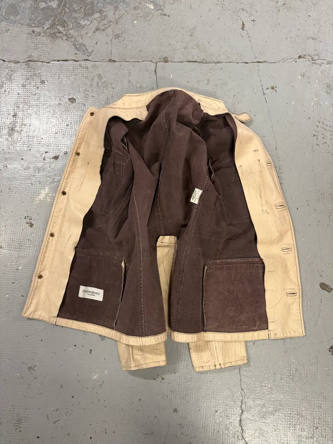 1990s Yves Saint Laurent Cream Leather Bomber Multi-Pocket Jacket - Image 9
