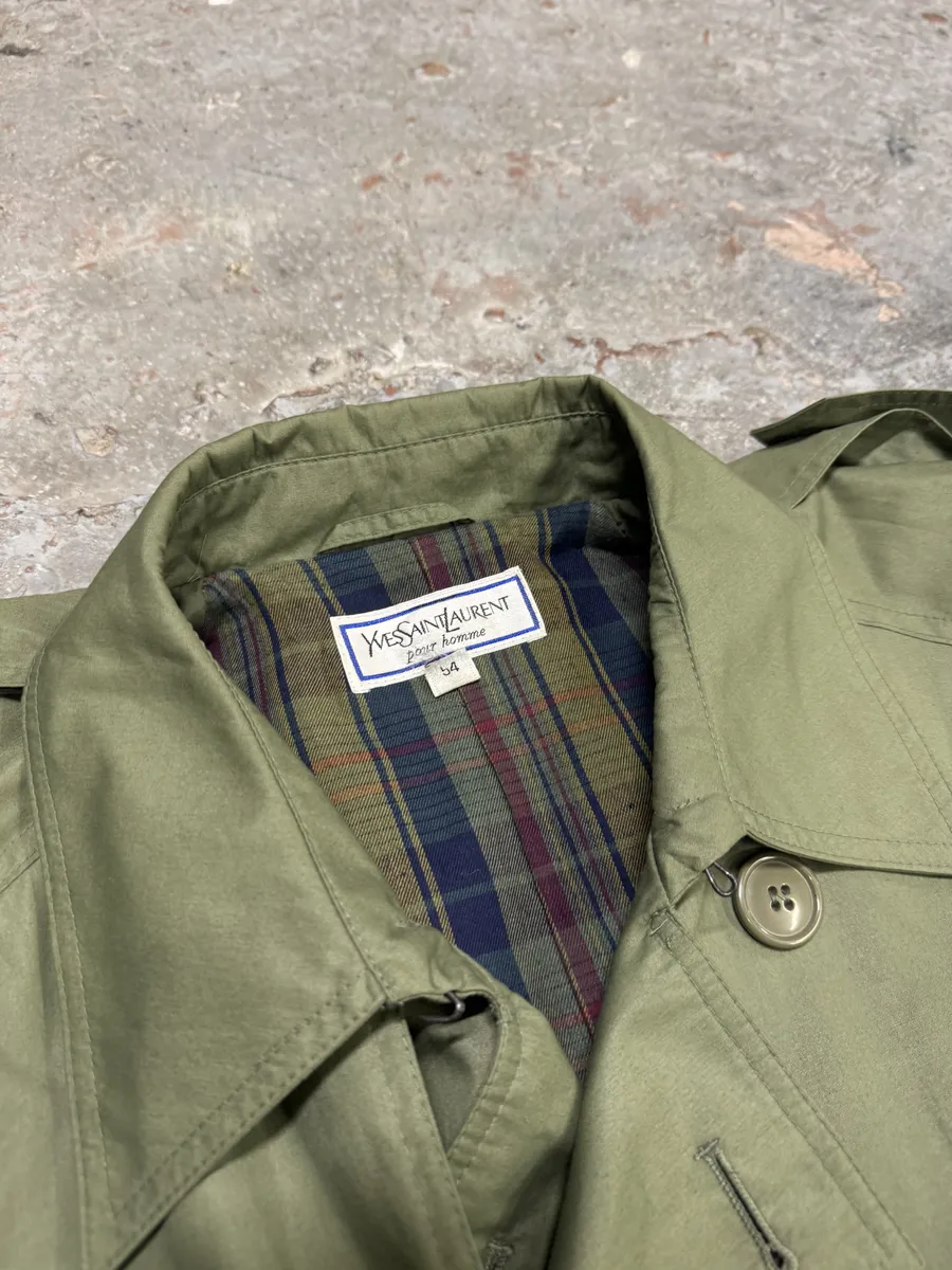 1990s Yves Saint Laurent Green Buttoned Trench Coat - Image 11