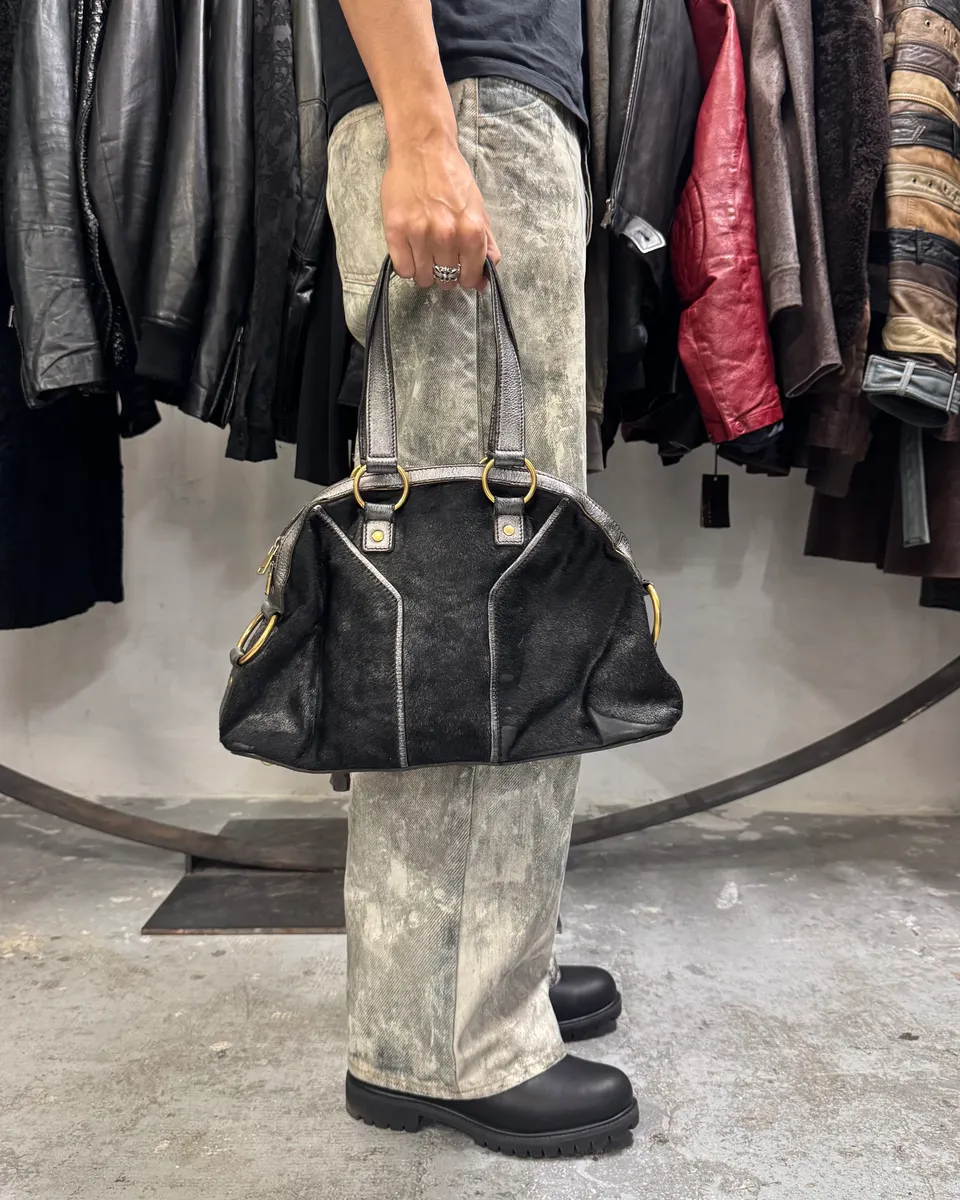 1990s Yves Saint Laurent Pony Hair Y Black Leather Handle Bag - Image 2