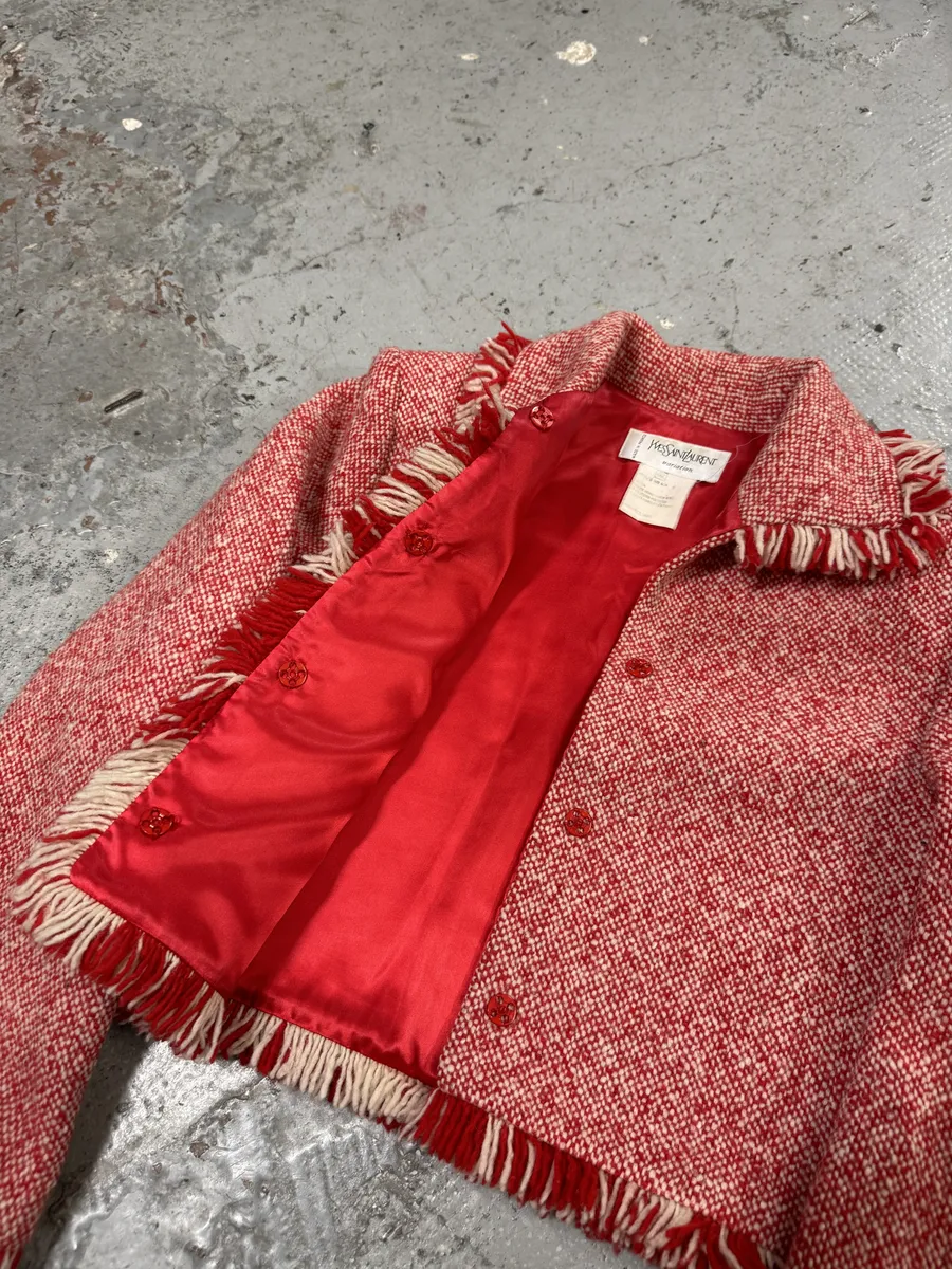 1990s Yves Saint Laurent Red & White Wool Fringe Jacket - Image 5