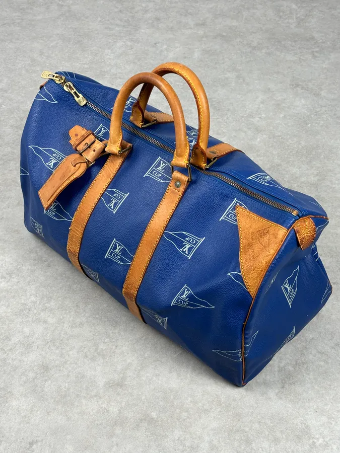 1992 Louis Vuitton LV Cup Falgs Keepall 45 Blue Regatta Blue Leather Travel Bag - Image 5