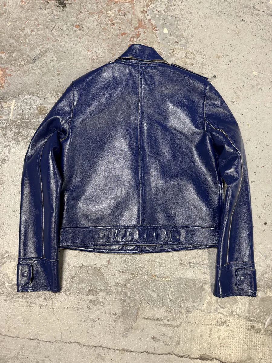 2000s Adolfo Domingez Racing Blue Leather Jacket - Image 3