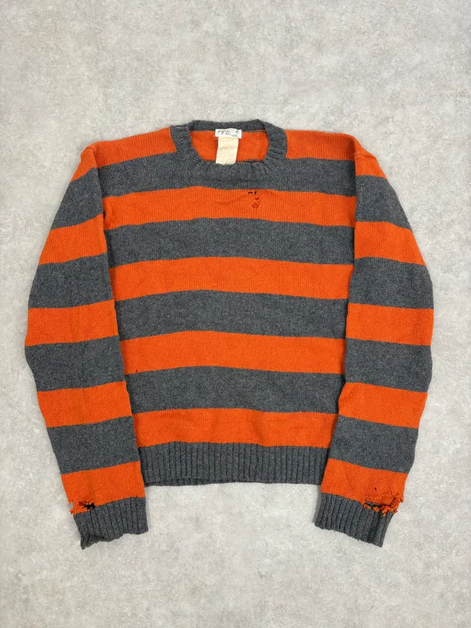 2000s Agnès b Orange &Grey Striped Distressed Wool Sweater
