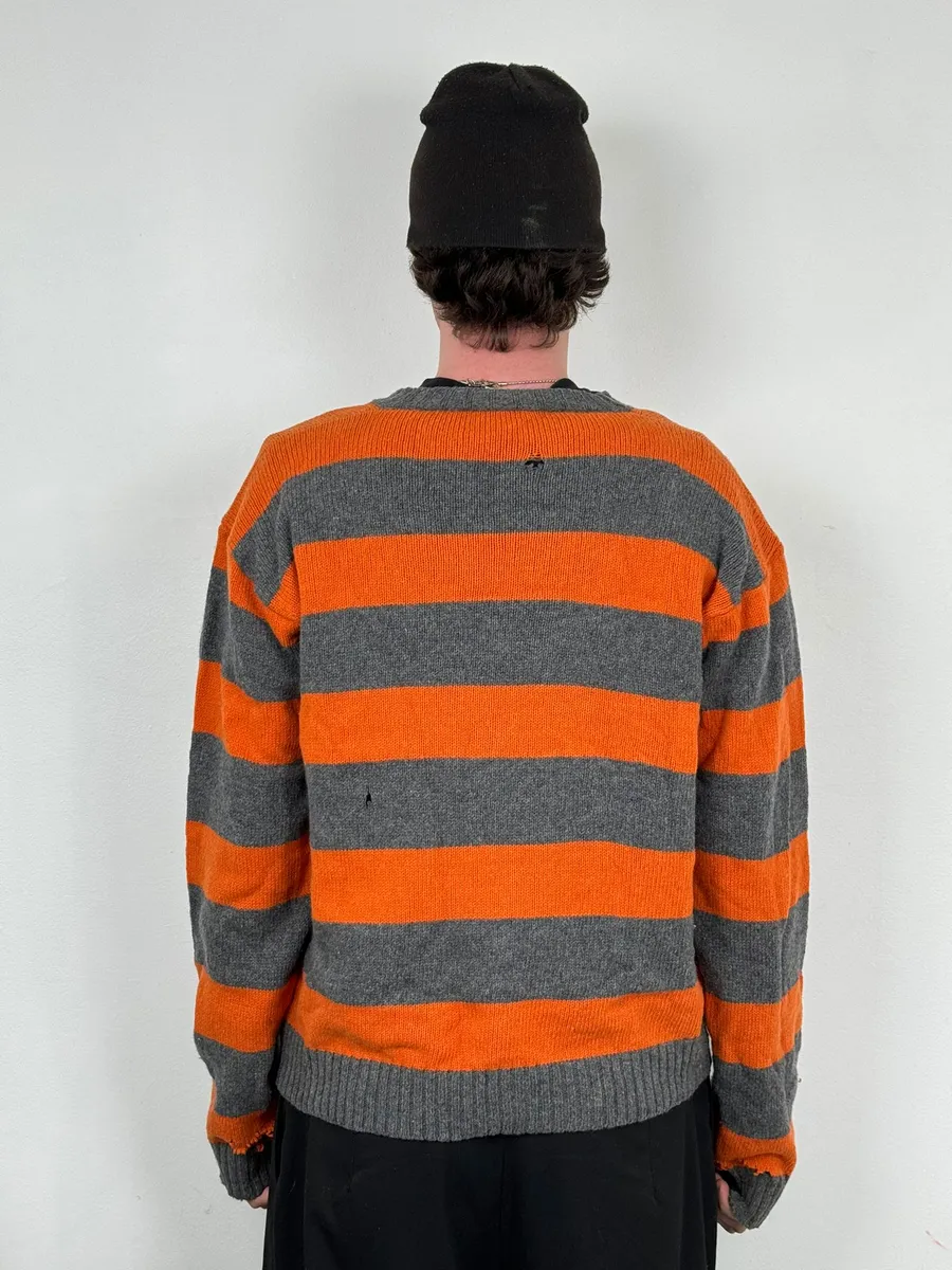 2000s Agnès b Orange &Grey Striped Distressed Wool Sweater - Image 3