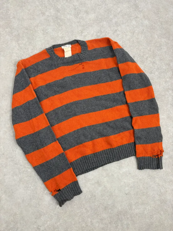 2000s Agnès b Orange &Grey Striped Distressed Wool Sweater - Image 4