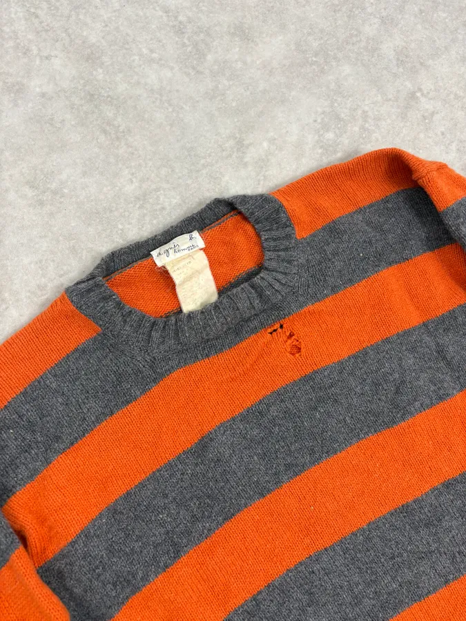 2000s Agnès b Orange &Grey Striped Distressed Wool Sweater - Image 5