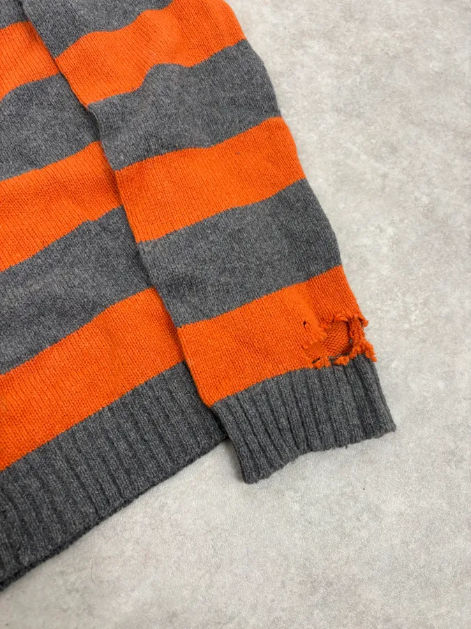 2000s Agnès b Orange &Grey Striped Distressed Wool Sweater - Image 7