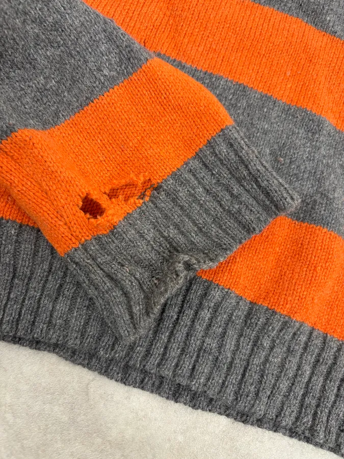 2000s Agnès b Orange &Grey Striped Distressed Wool Sweater - Image 8