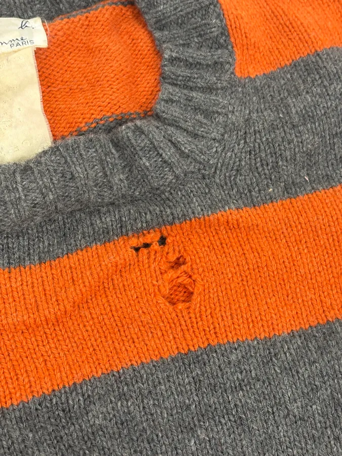 2000s Agnès b Orange &Grey Striped Distressed Wool Sweater - Image 9