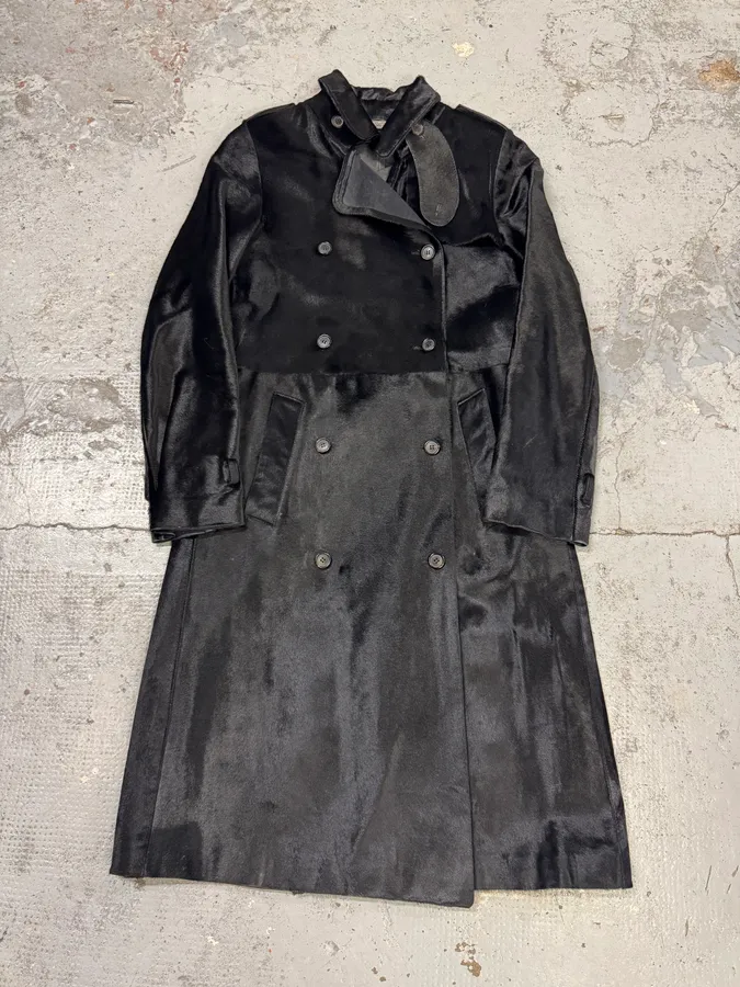 2000s Alexander McQueen Black Pony Hair Trench Coat