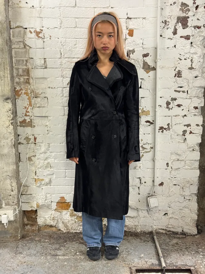 2000s Alexander McQueen Black Pony Hair Trench Coat - Image 2