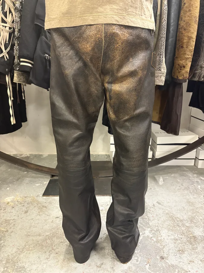 2000s Archive 2 Zip Biker Eroded Brown Leather Belted Pants - Image 4