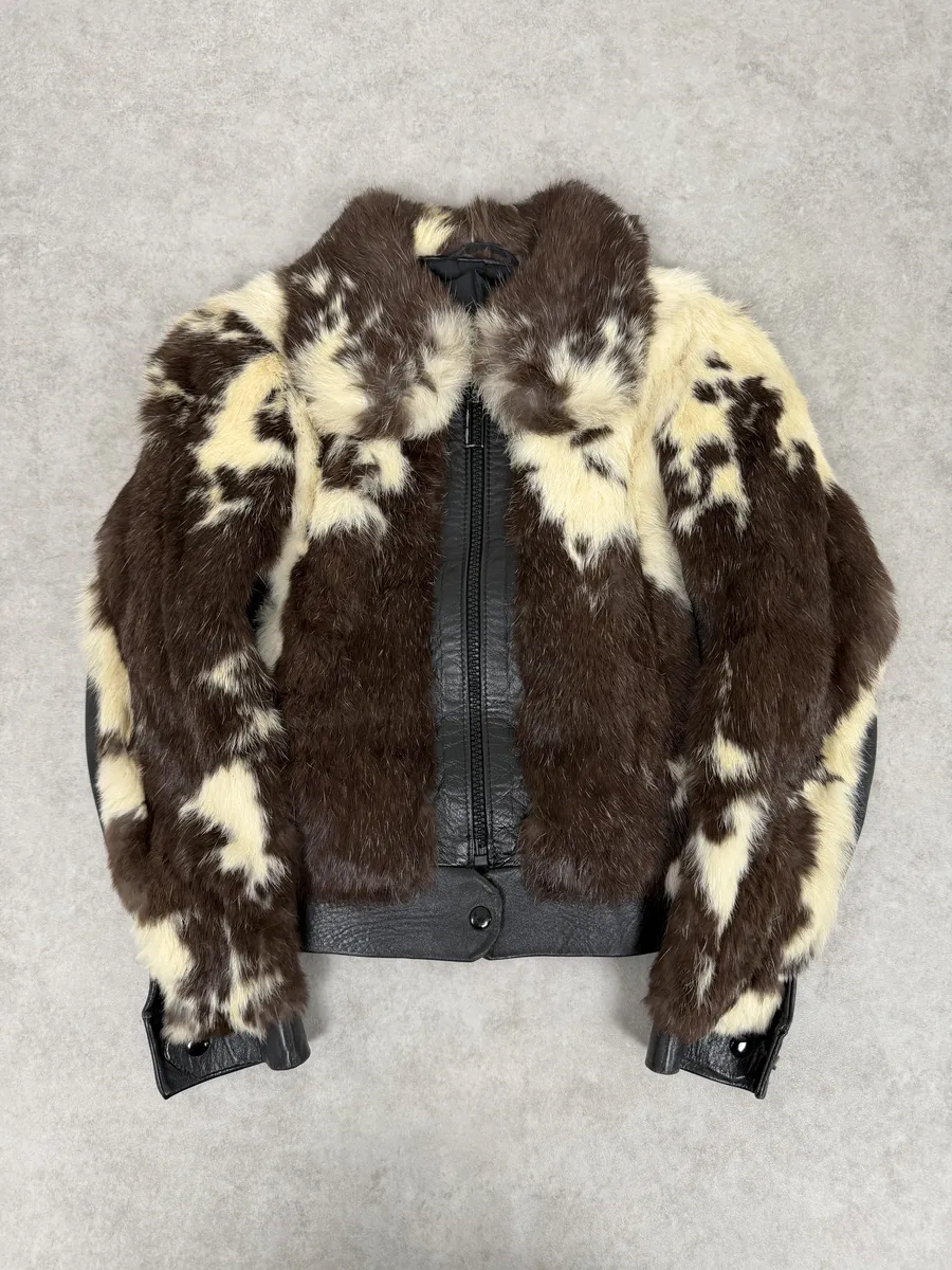 2000s Archive Black Leather Brown Faux Fur Jacket