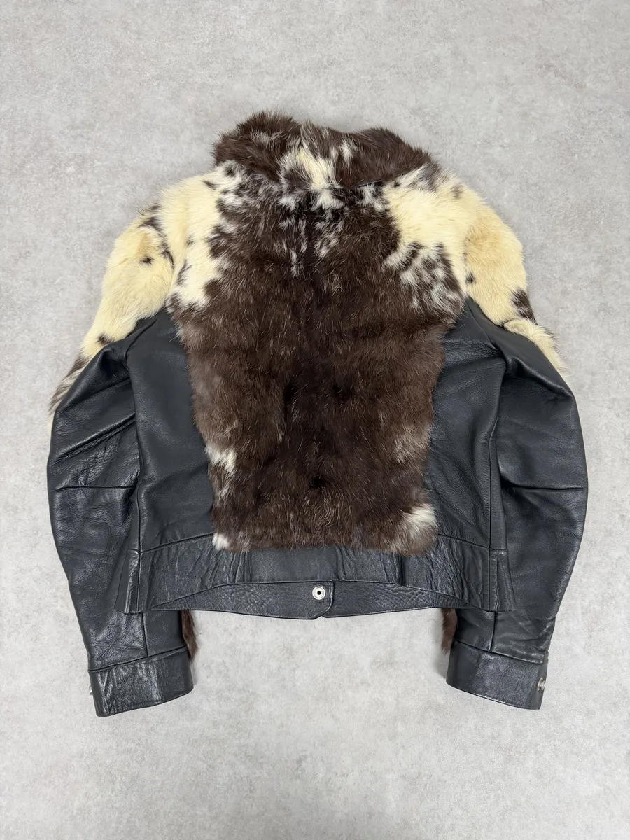 2000s Archive Black Leather Brown Faux Fur Jacket - Image 2