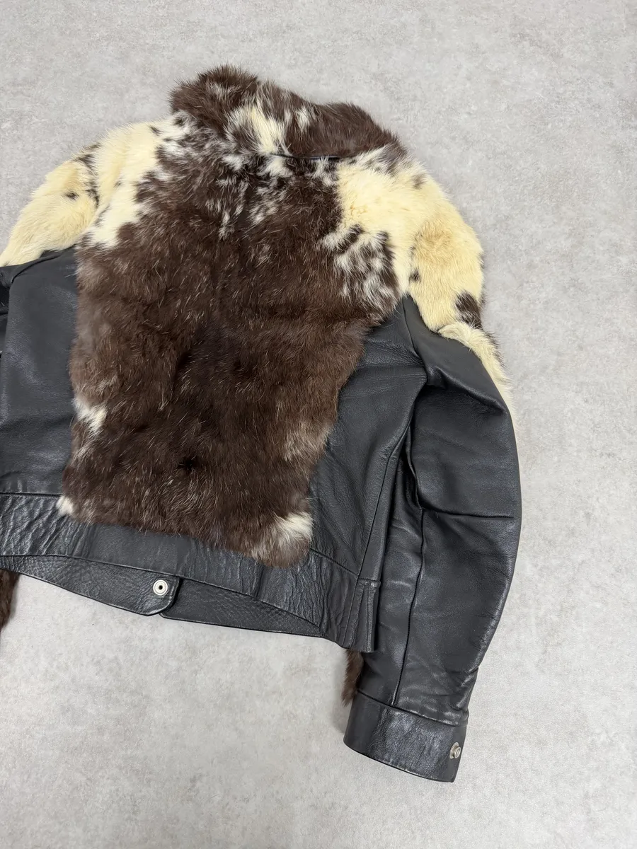 2000s Archive Black Leather Brown Faux Fur Jacket - Image 5