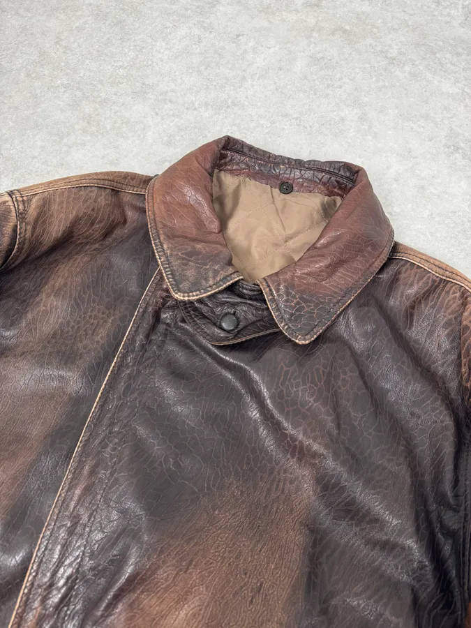 2000s Archive Brown Naval Eroded Leather Jacket - Image 5