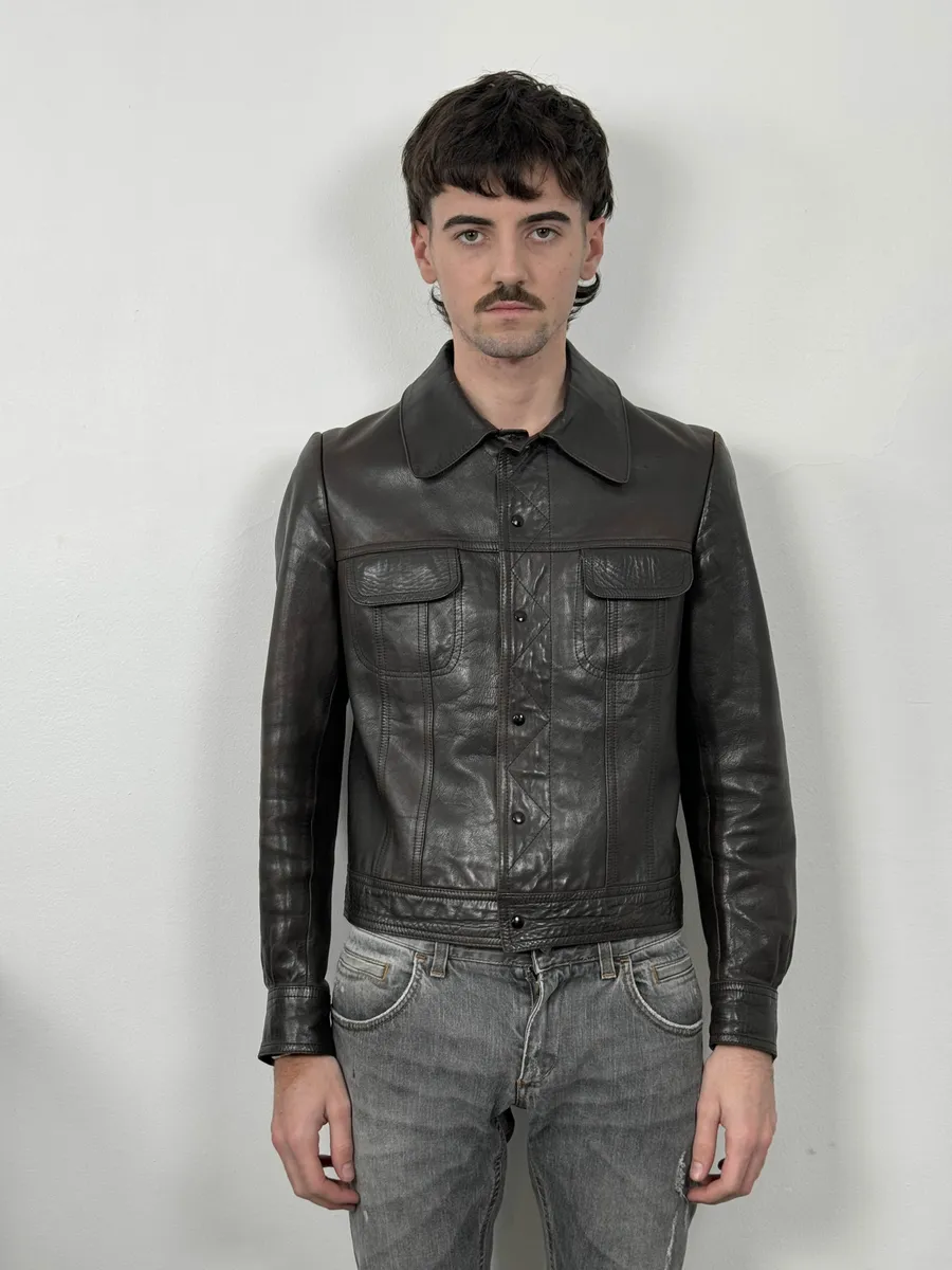 2000s Archive Dark Brown Leather Trucker Jacket